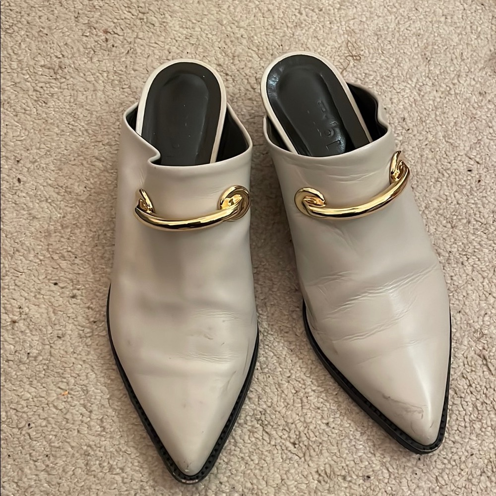Tibi Cream and Gold Mules with Pointed Toe